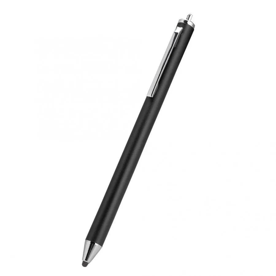 Metal fine-tip capacitive stylus pen in seven colour options on a touchscreen tablet.