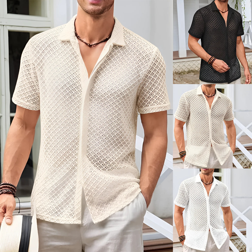 Men's cotton blend short sleeve shirt with lapel cardigan style in milky white