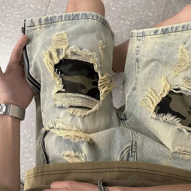 Men's yellow mud camouflage ripped denim shorts with a straight-leg Korean style fit