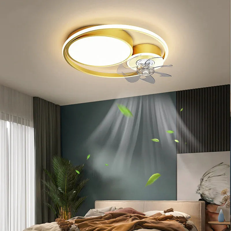 Nordic style overhead fan lamp with metal blades and acrylic shade in black or gold finish for bedroom use