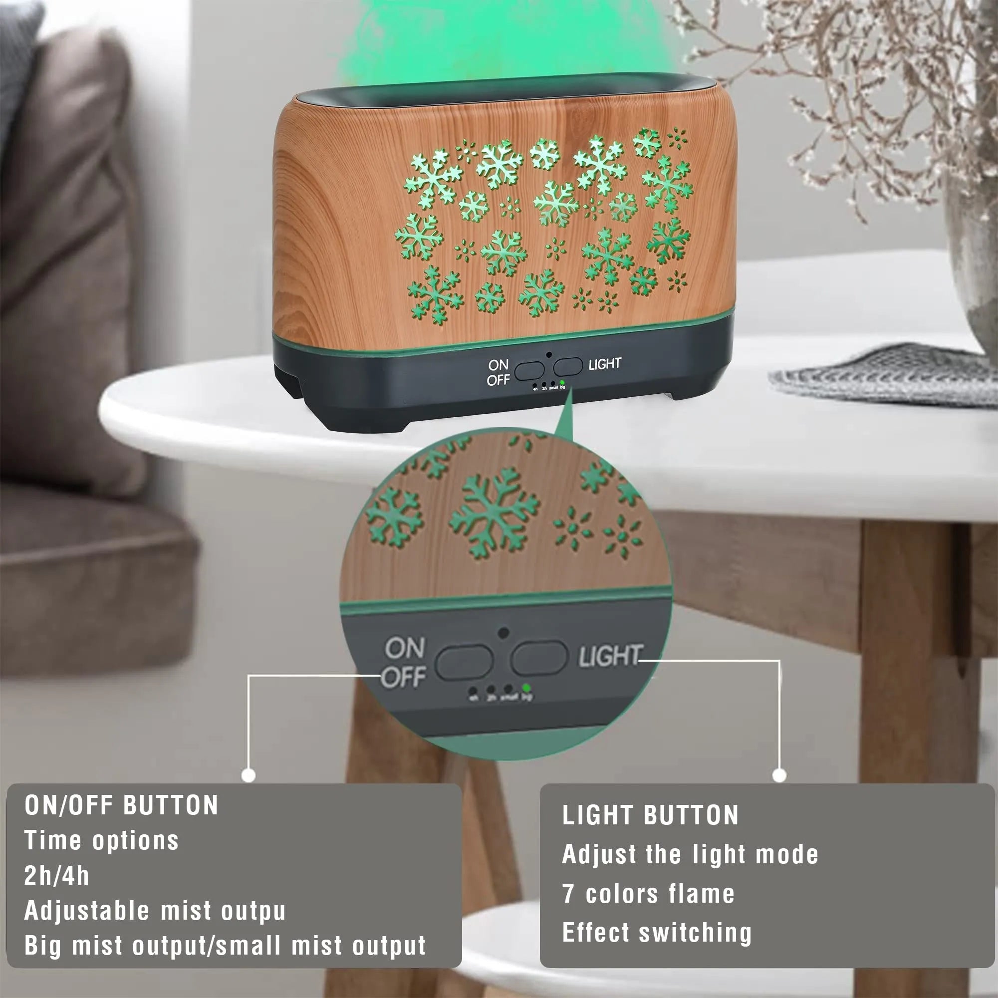 Snowflake pattern aromatherapy humidifier with colourful LED flame effects and remote control