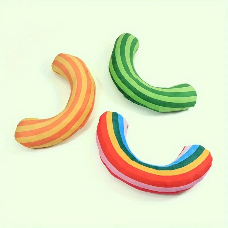 Set of four striped pattern cat pillow toys with catnip measuring 23 by 20 centimetres