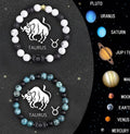 A pair of natural stone beaded bracelets representing zodiac signs, shown in one of twelve available style choices.