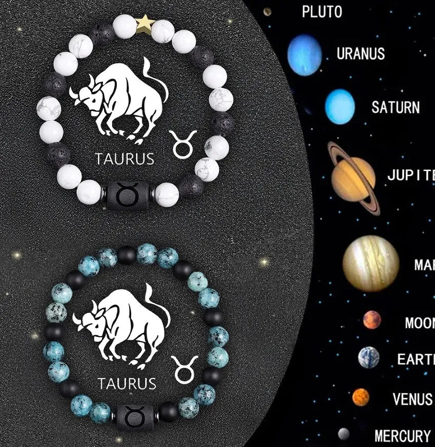 A pair of natural stone beaded bracelets representing zodiac signs, shown in one of twelve available style choices.