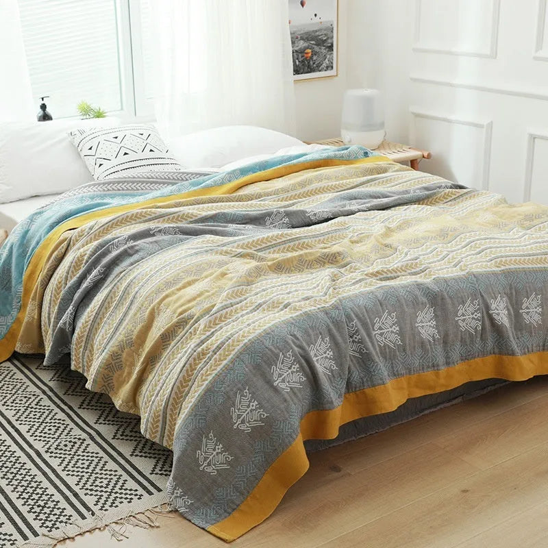 Thickened five-layer gauze pure cotton bed sheet blanket in Roulette Wheel Blue pattern showing modern simplicity design