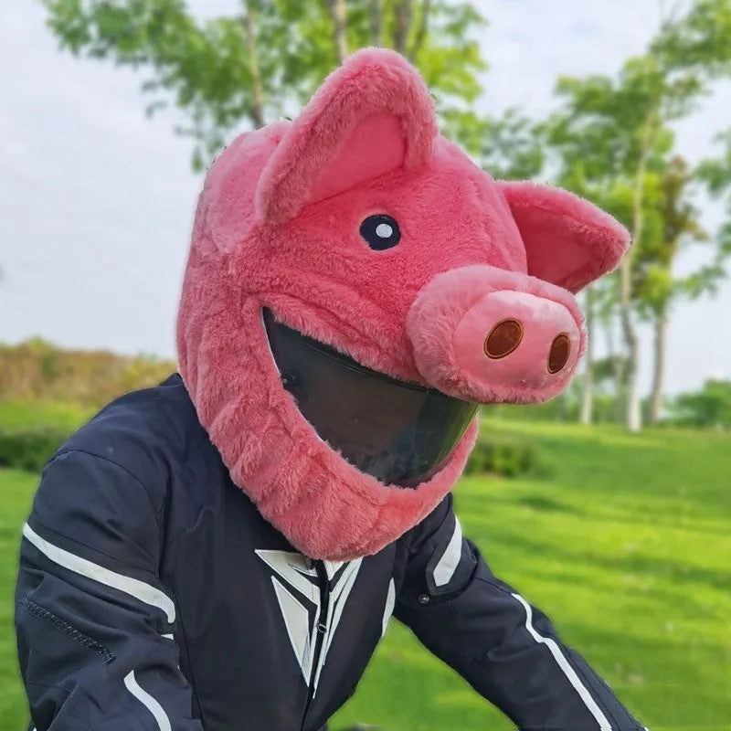 Plush motorcycle helmet protective hood in pink pig cartoon design