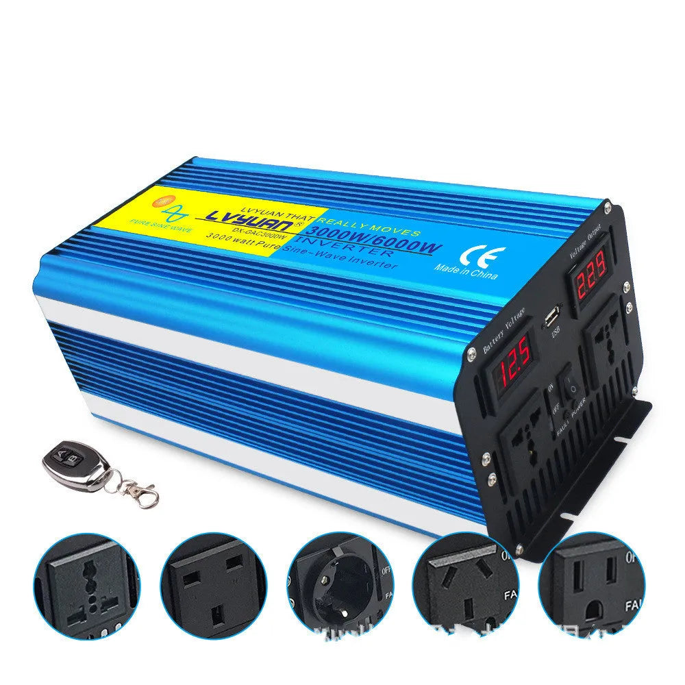 Blue 3000W pure sine wave power inverter with digital displays and remote control for car 12V to 220V conversion