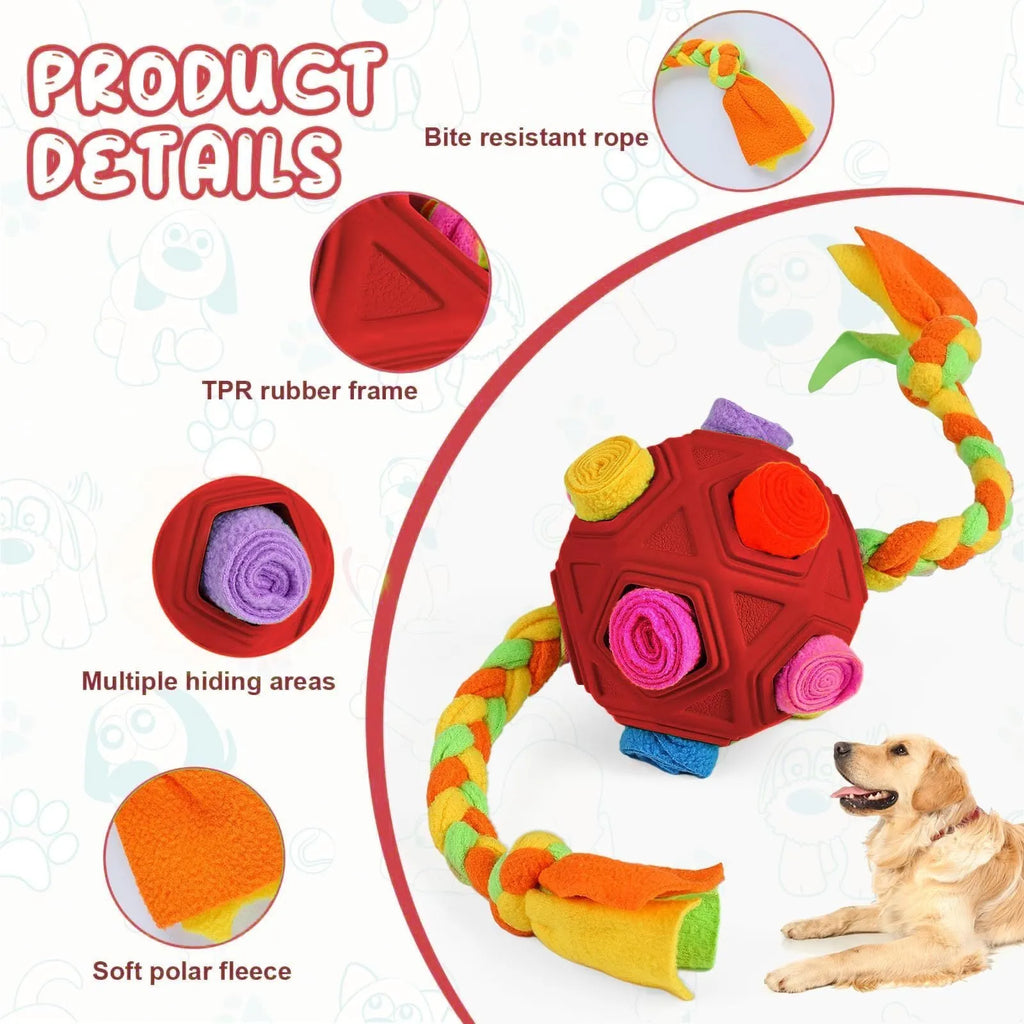 Bite-resistant rubber dog puzzle snuffle ball for treat dispensing and IQ training in multiple colours