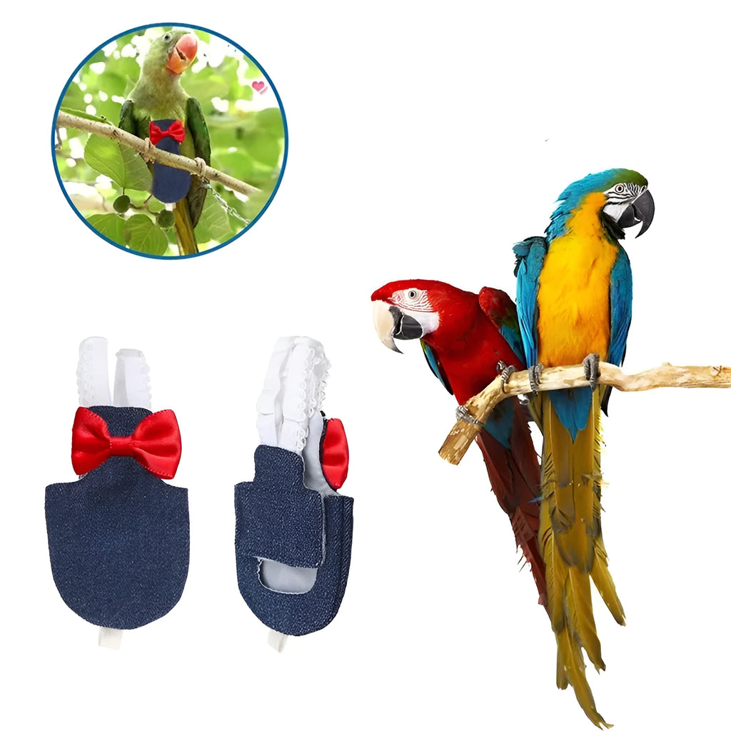 Parrot bird diaper in rattan cotton with metal accessories, available in denim, plaid, and rose red, sizes XS to XL