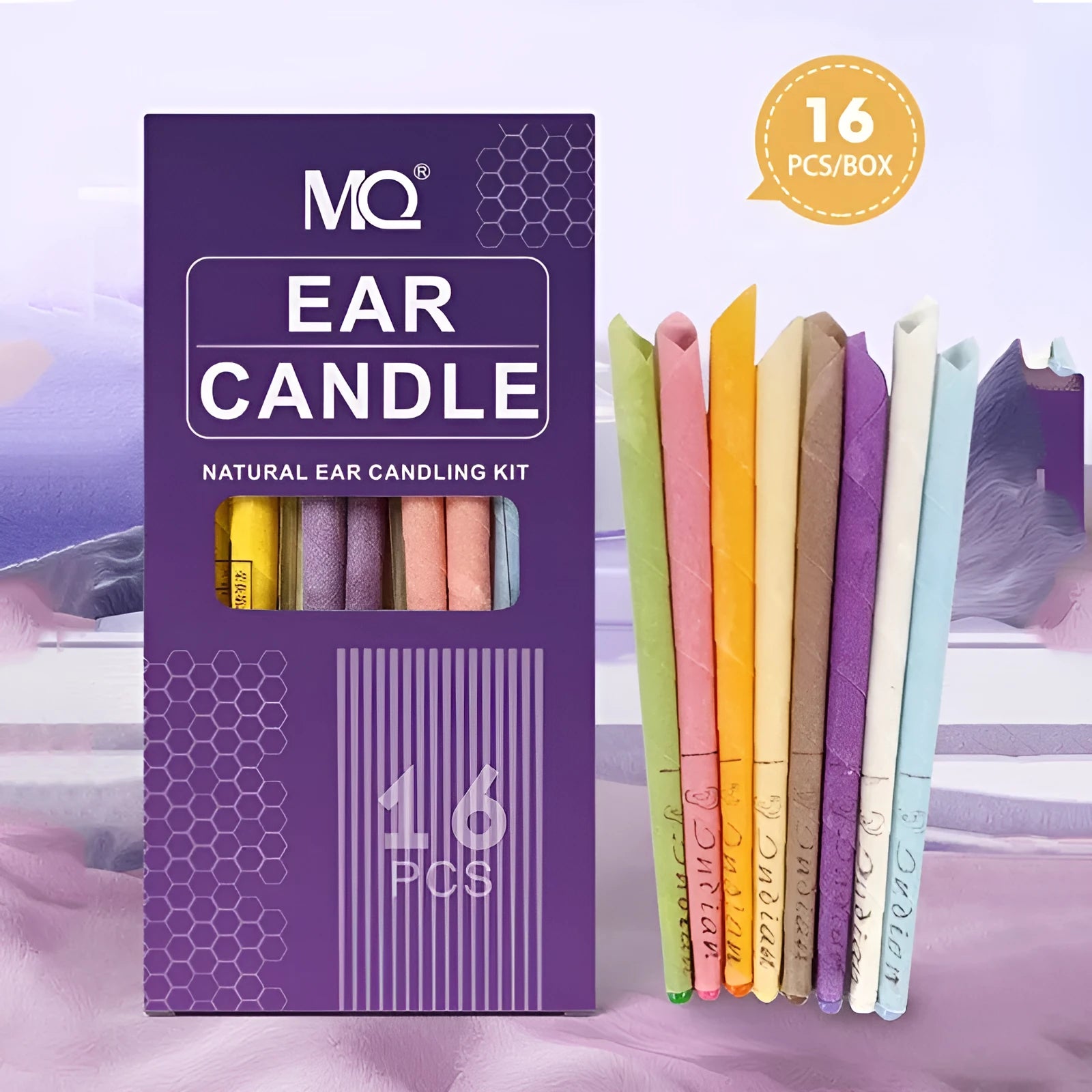 Ear candle set showing 16 candles, 8 protection boards and 16 cotton swabs arranged on table