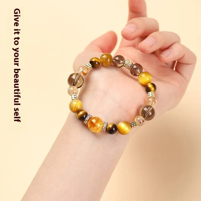 Yellow crystal tiger-eye bracelet with geometric tower beads in 10mm and 12mm size options