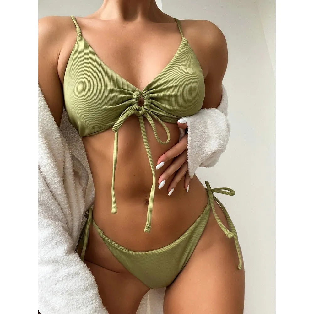 Women's solid colour drawstring bikini in quick-dry nylon shown in army green