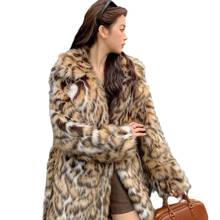 Women's faux fur coat with fur collar in street fashion style, available in multiple sizes