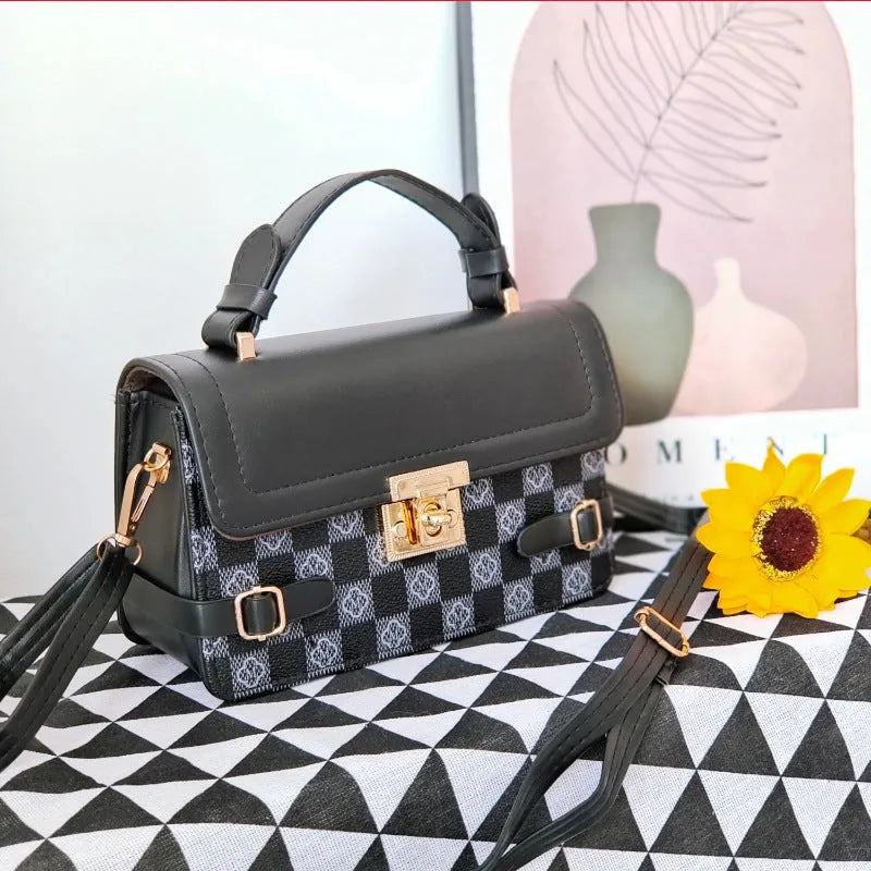 PU leather crossbody bag with small square ethnic pattern design showing file bag interior organisation