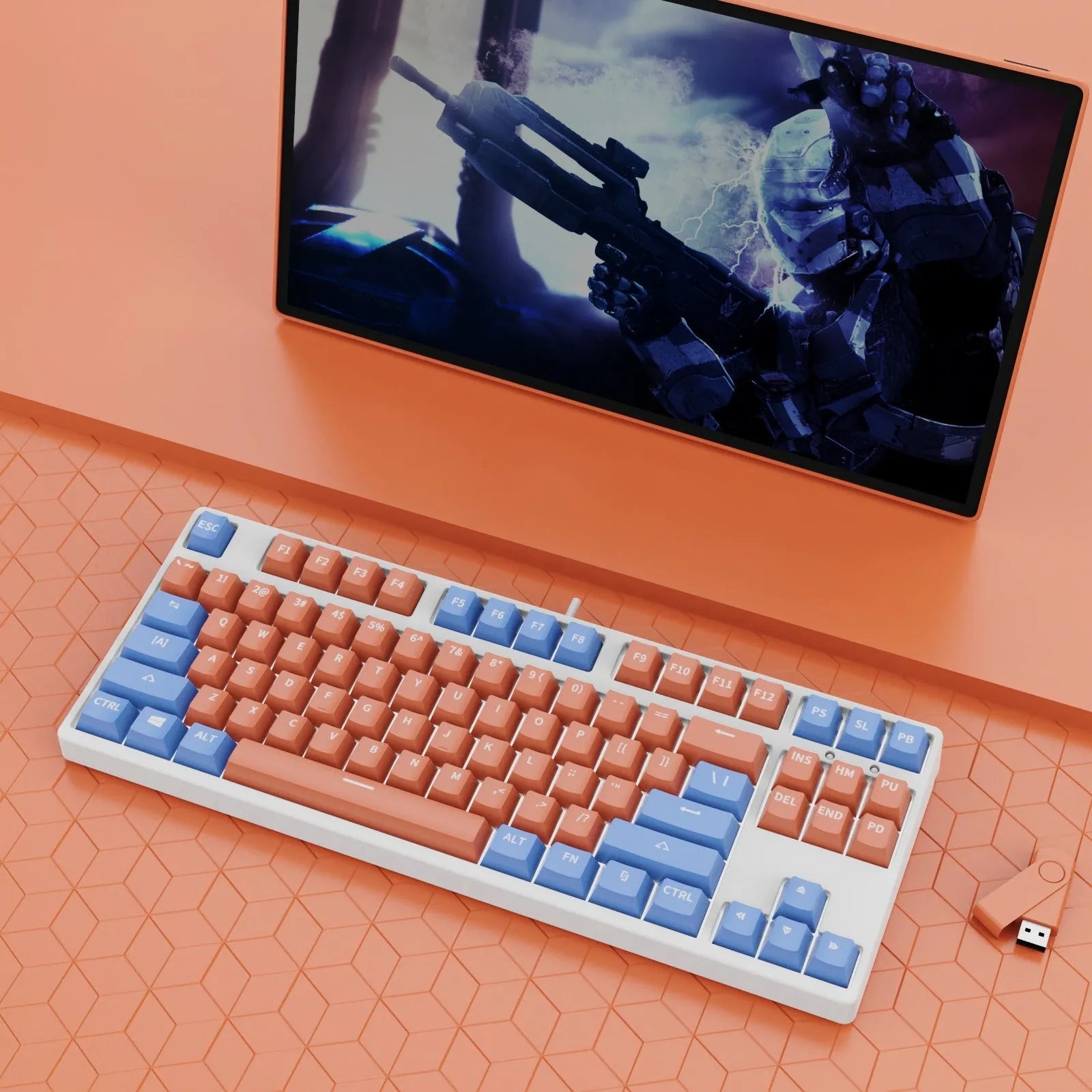 87 key wired mechanical keyboard with metal chassis shown in a black, orange, and yellow colour configuration.