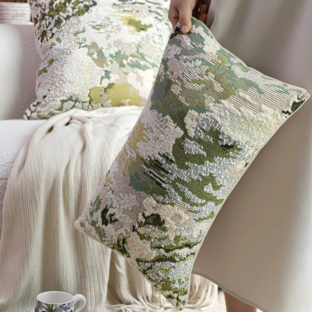 Chinese style decorative pillow with spring flowers botanical pattern on antique green wool blend fabric