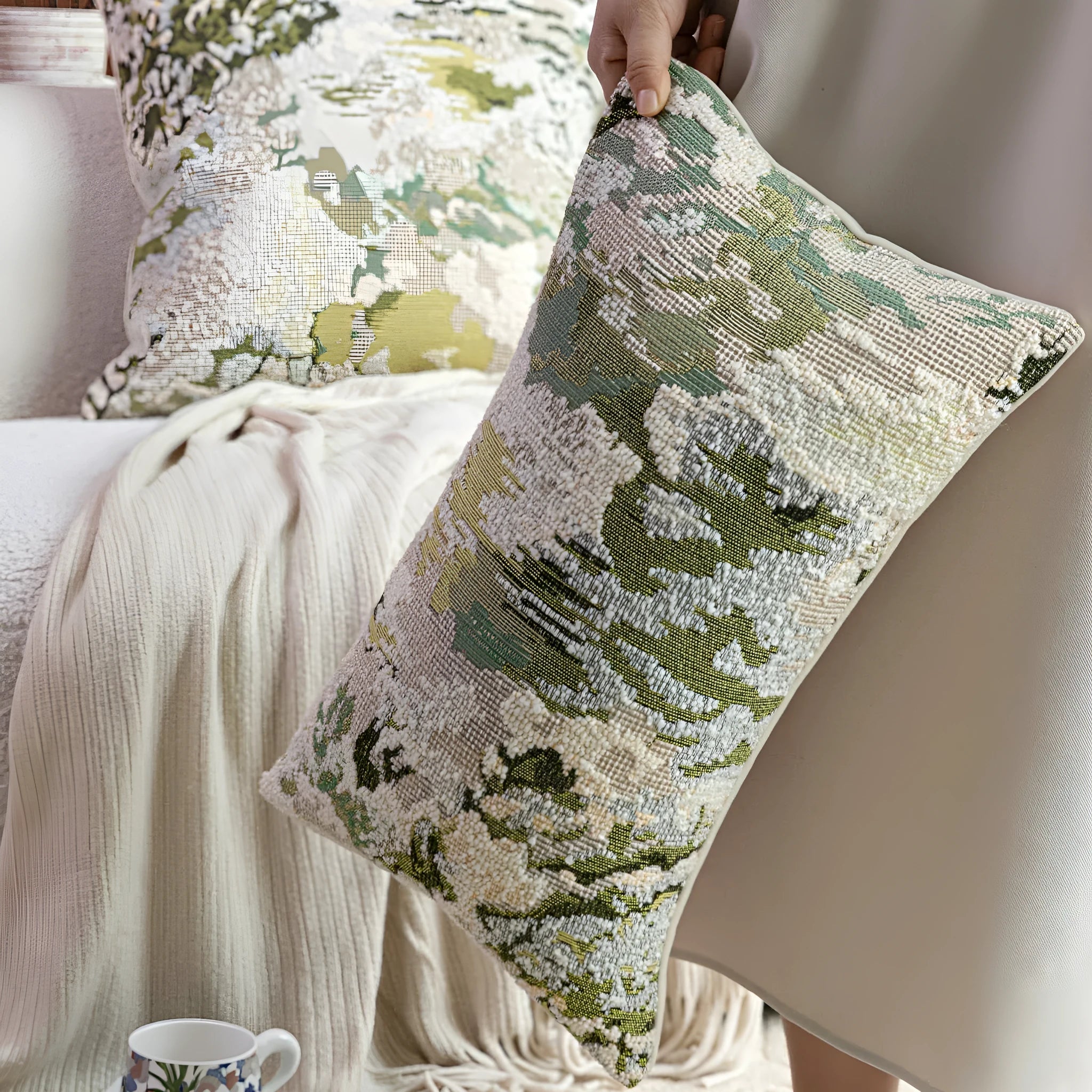 Chinese style decorative pillow with spring flowers botanical pattern on antique green wool blend fabric