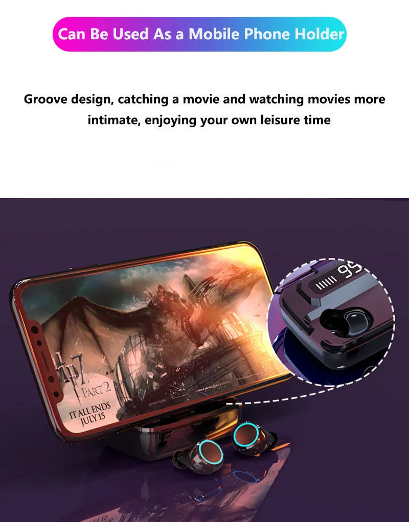 Black Bluetooth wireless headset with digital display, touch controls, and integrated mobile phone holder.