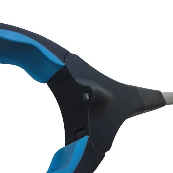 Blue foldable portable pickup tool with telescopic handle extended to 83.5 cm next to folded 13 cm version