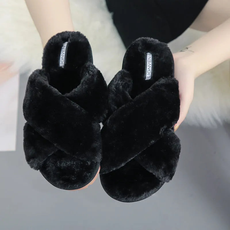 Cross open-toe fur slippers showing open-toe design and patterned non-slip sole