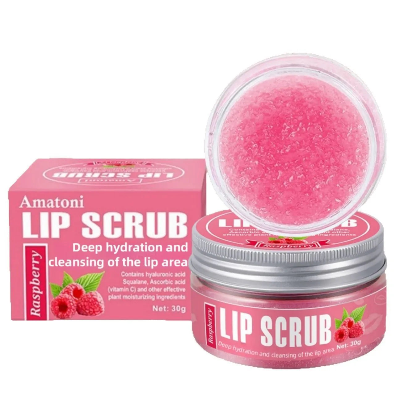 Amatoni Lip Scrub Cream 30g pot in coconut raspberry vanilla watermelon flavours