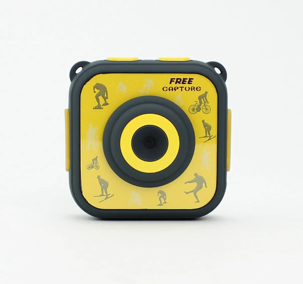 Yellow children's waterproof sports camera showing 1.77-inch screen and compact 60mm size