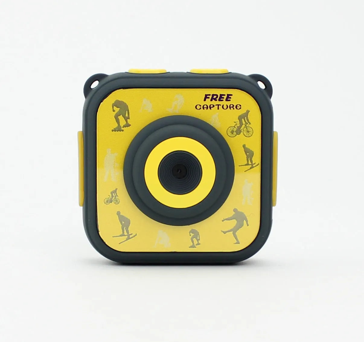 Yellow children's waterproof sports camera showing 1.77-inch screen and compact 60mm size