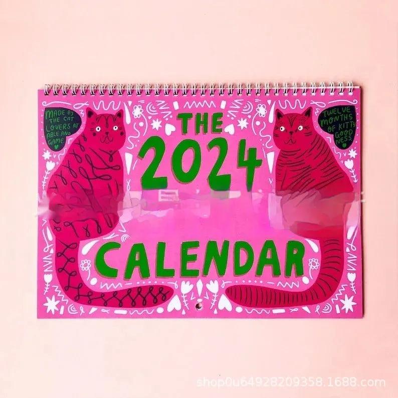 A4 paper wall calendar with cat illustrations for 2024 or 2025.