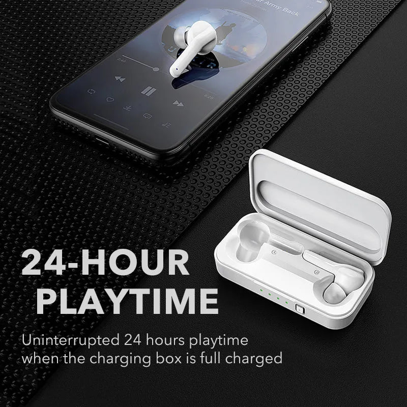 Black and white true wireless stereo earbuds with Bluetooth 5.0 and IPX5 waterproof rating.