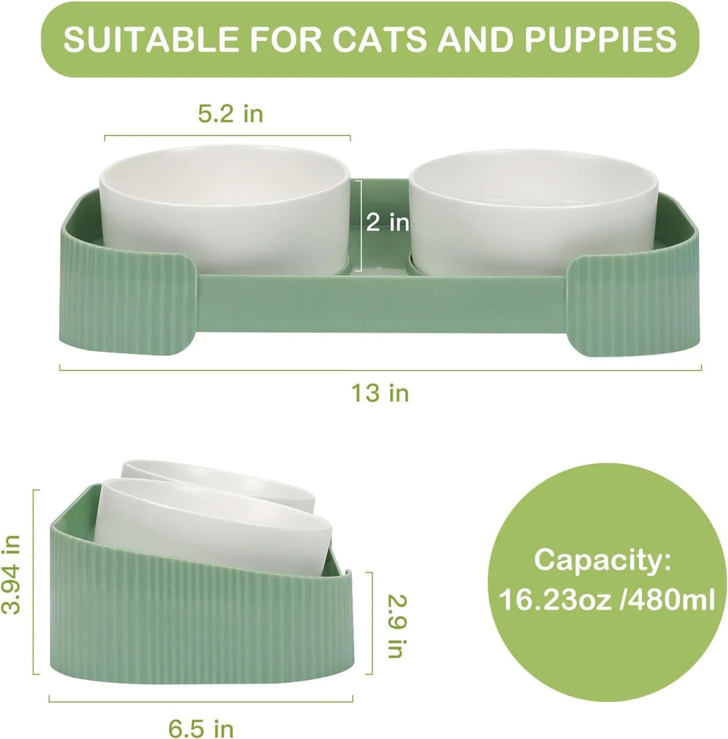 Green and white ceramic elevated cat bowls on a tilted stand with non-slip base