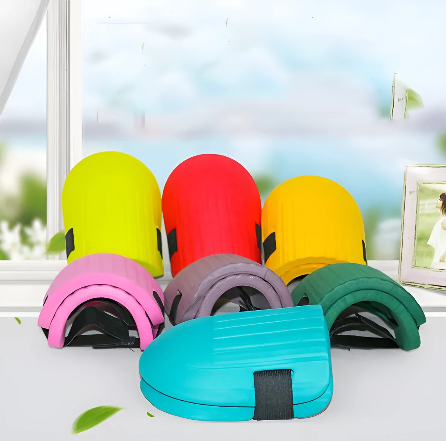A pair of black EVA foam knee pads showing their rectangular shape and thick profile for knee protection.