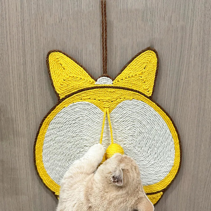Yellow corgi-themed cat scratching board with sisal surface and anti-slip base measuring 37 by 40 centimetres