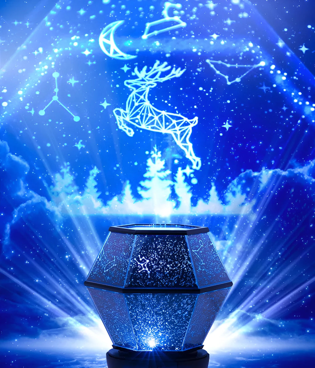 Children's rotating stars projection night light showing three-colour LED starlight effects