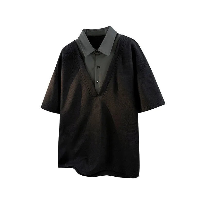 Men's black thin Spandex polo shirt sweater with a Heavy Henry collar and short sleeves.