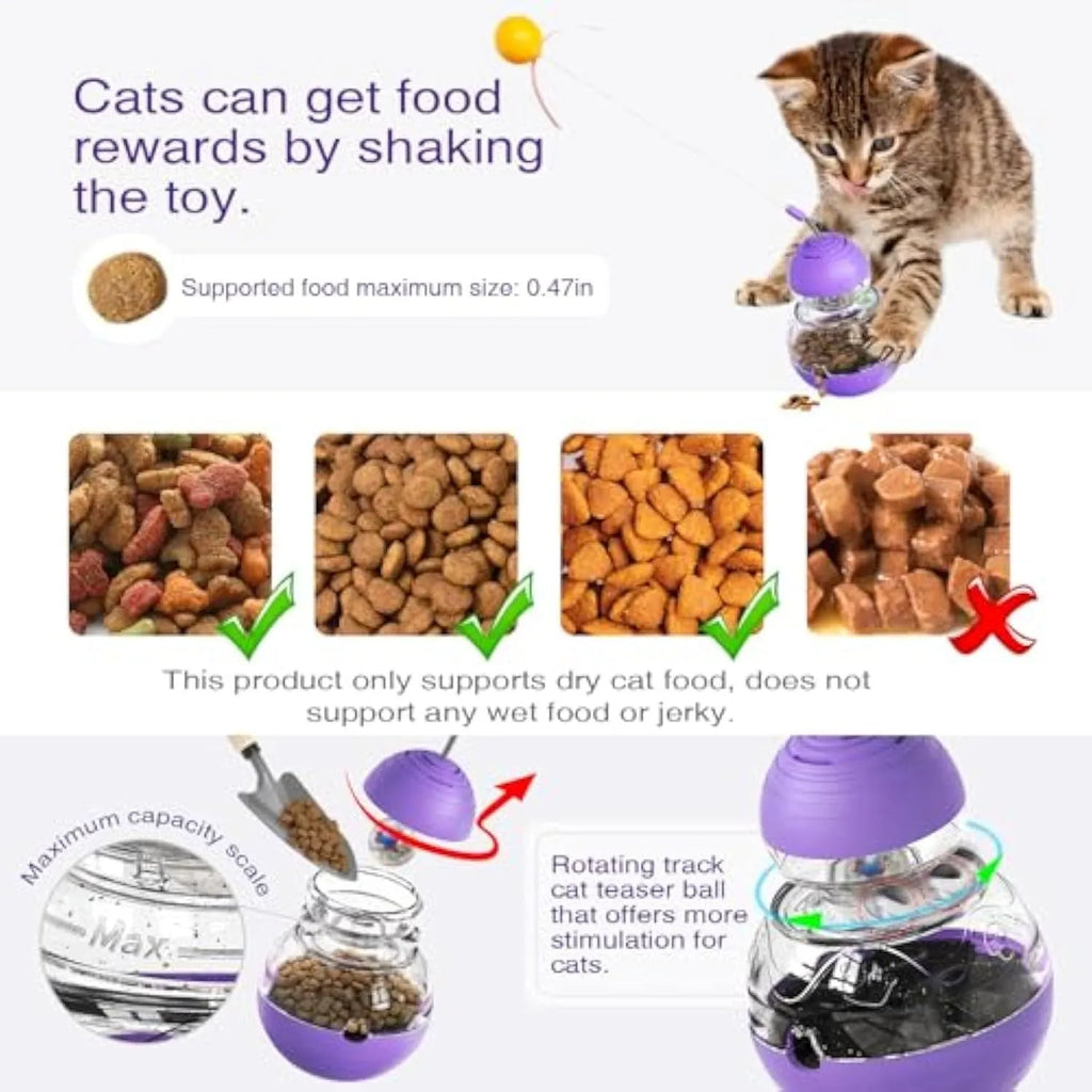 Electric yellow cat wand toy with plastic ball, ribbon teaser, and slow feeder compartment