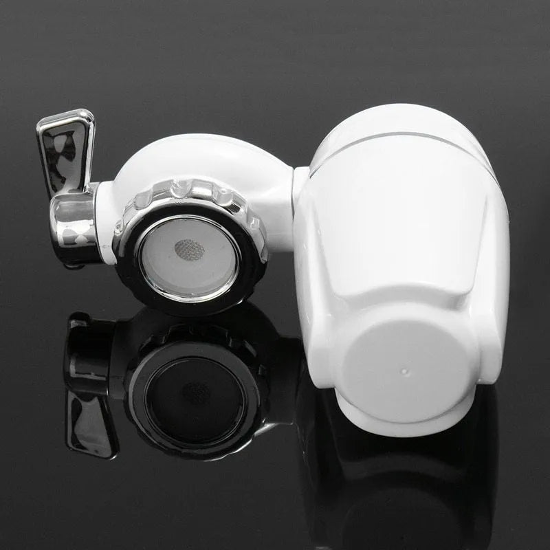 White faucet-mounted water purifier with ceramic filter and adapter kit for kitchen tap installation.
