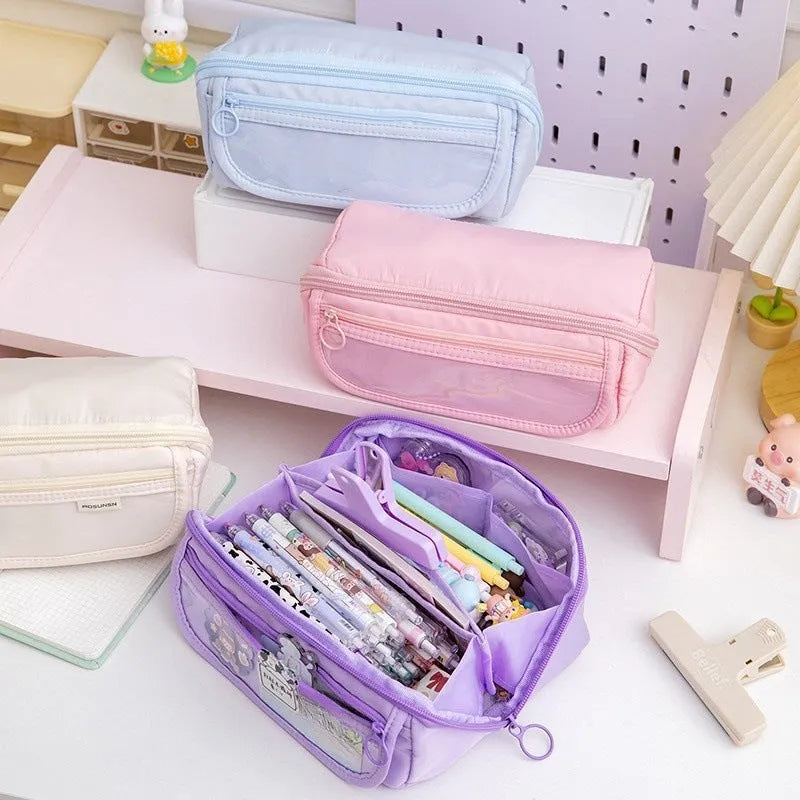 Korean style canvas pencil case with ten-layer flip design open to show multiple compartments