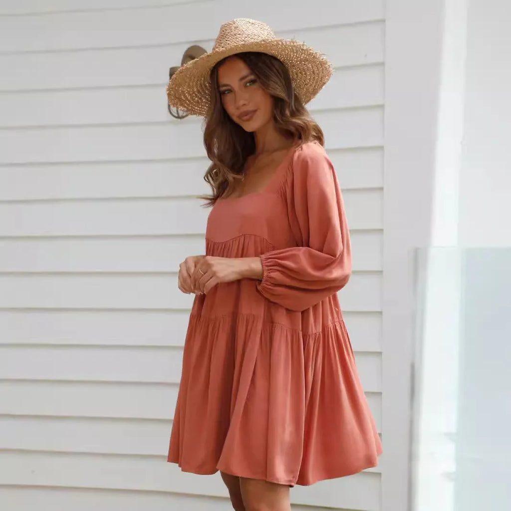 Children square collar puff sleeve backless dress in solid light blue and orange red with A-line skirt