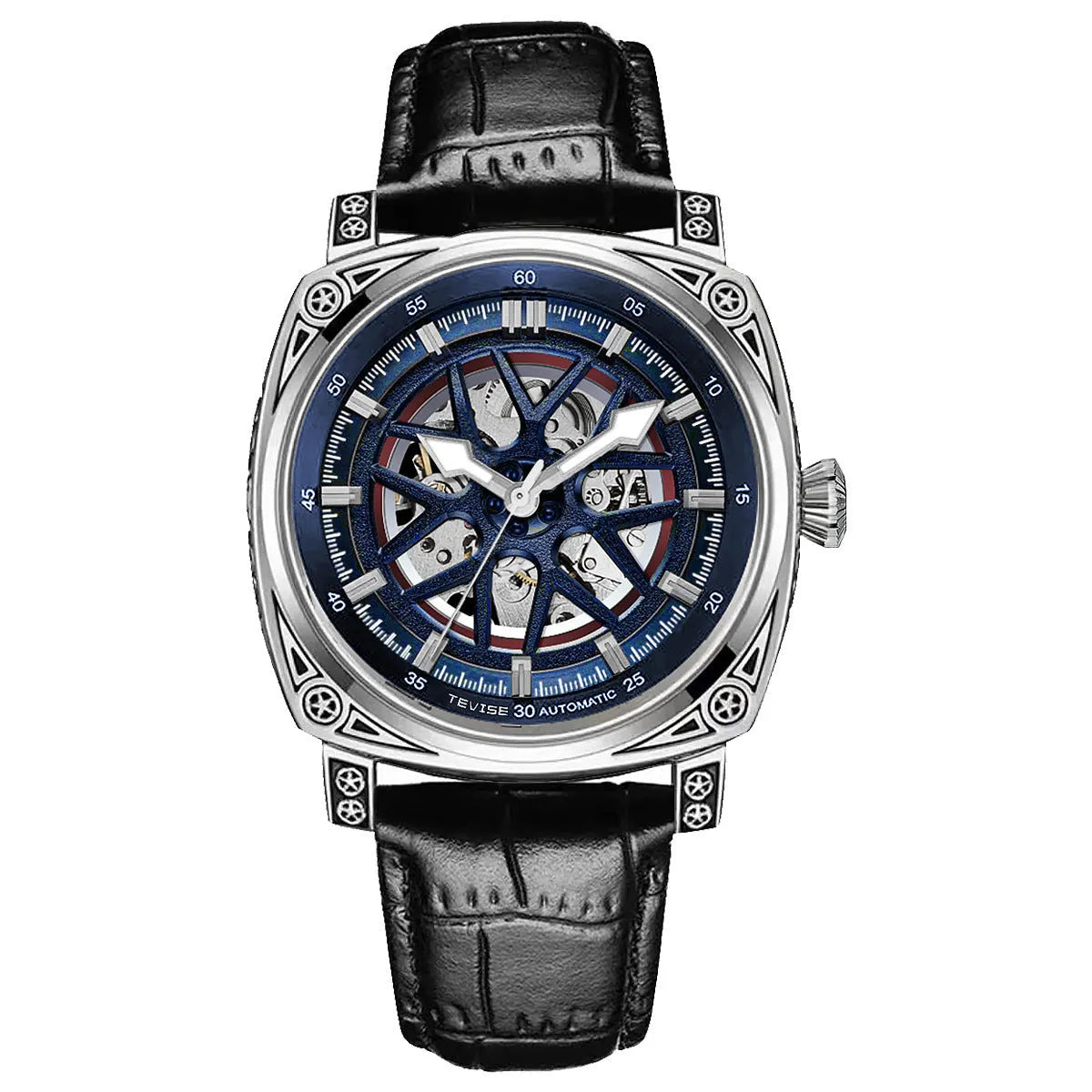Men's automatic mechanical watch with leather strap in stainless steel case