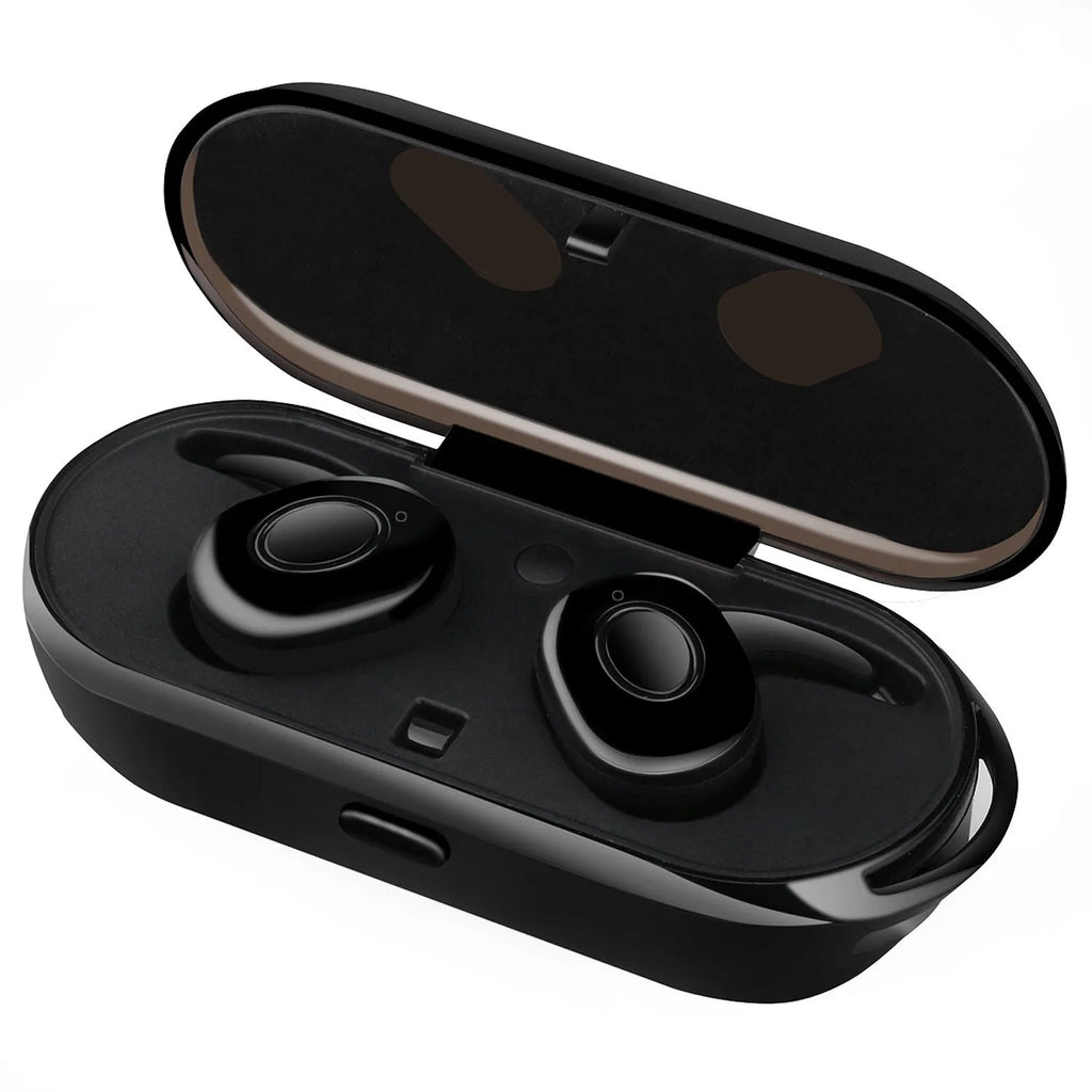 Compact wireless Bluetooth in-ear headphones in black, green, red, or white colours, designed for sports with noise reduction.