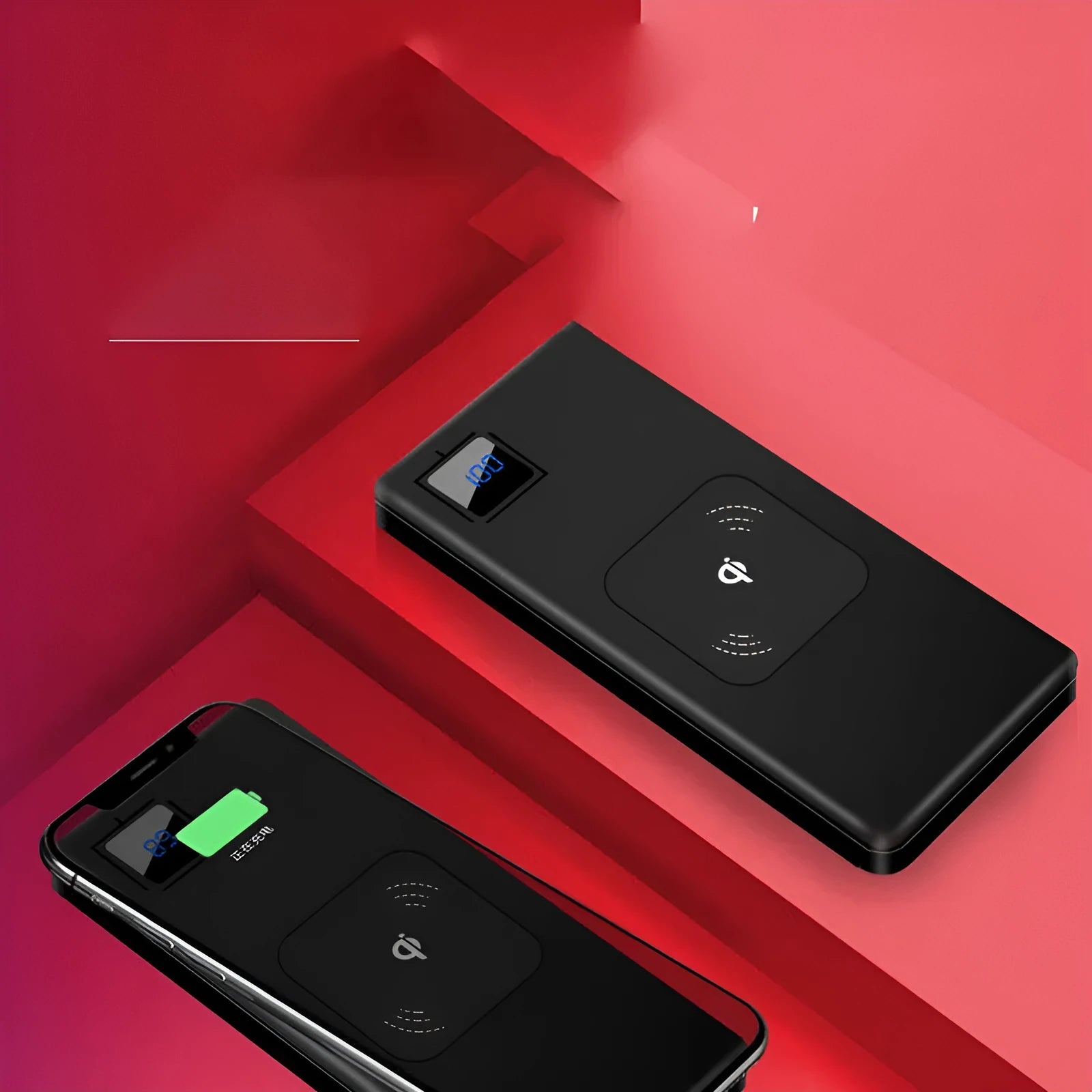 Silver alloy portable power bank with LCD screen showing battery percentage, alongside red and blue versions.