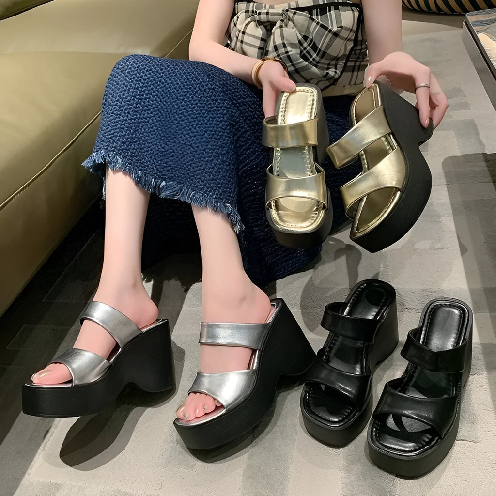 Women's black wedge platform slippers with square toe and 1-inch heel