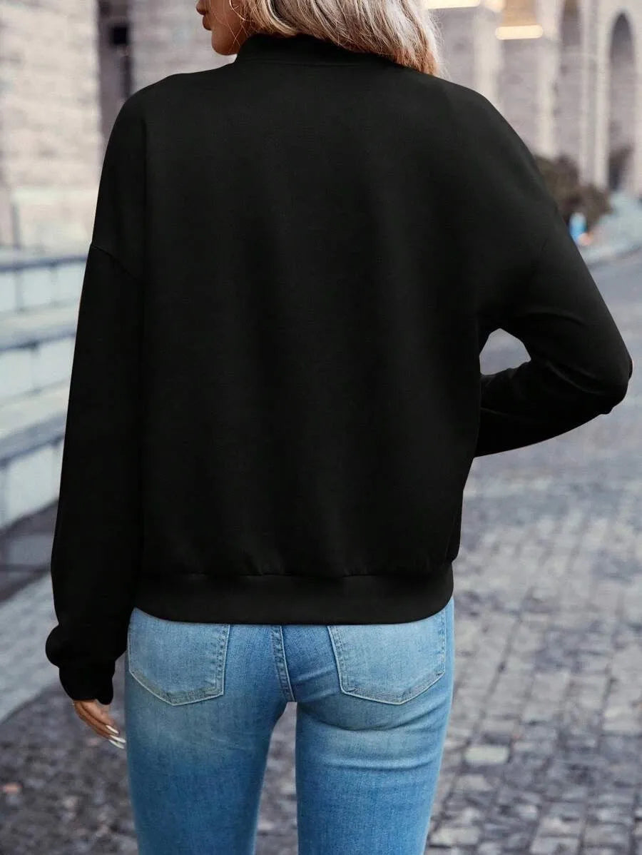 Black women's casual zip-front jacket with long sleeves for autumn and winter wear