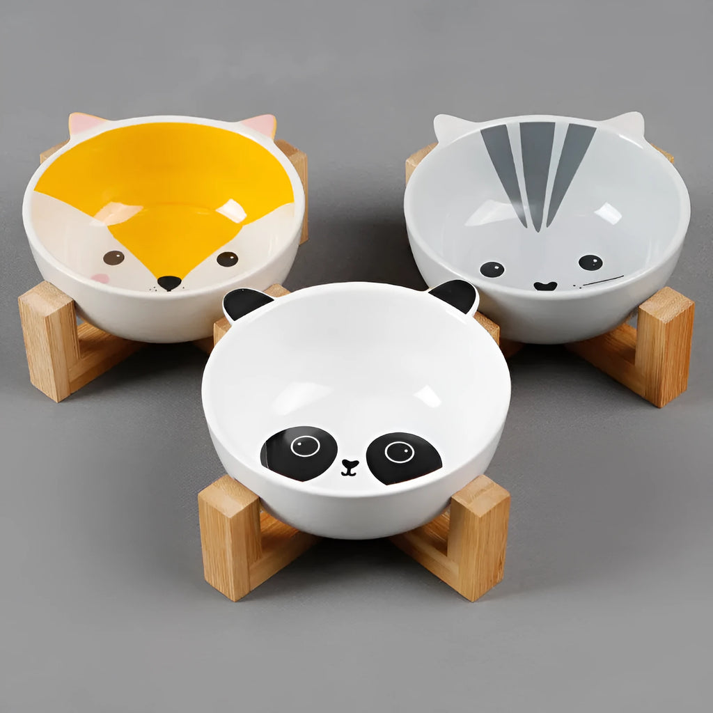 Raised ceramic cat food bowl in bamboo and wooden bracket, 13cm pottery dish, pink-eared fox design