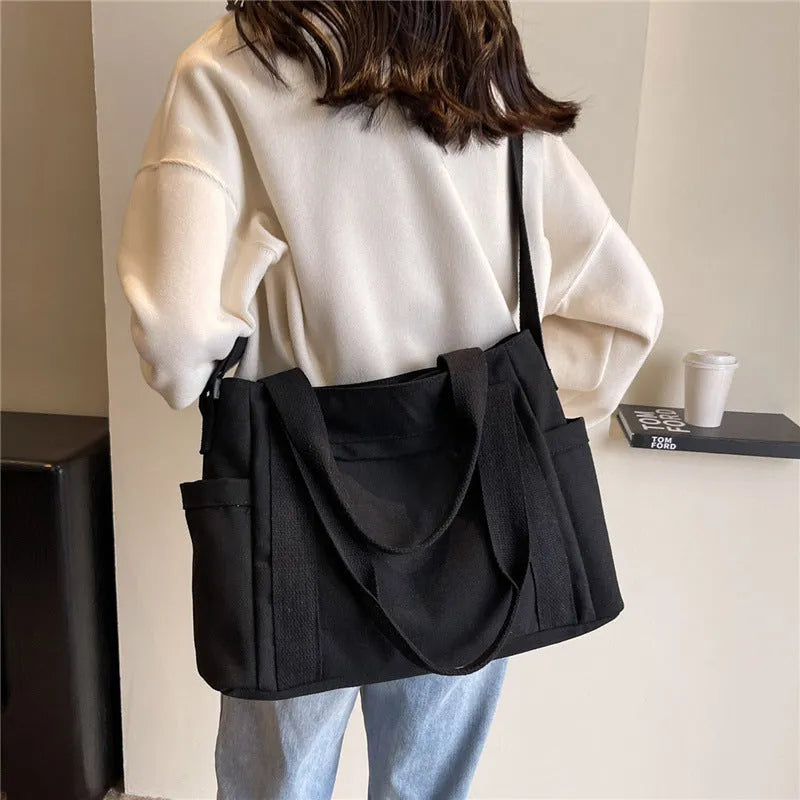 Large capacity polyester canvas tote bag with sandwich pocket and internal phone compartment