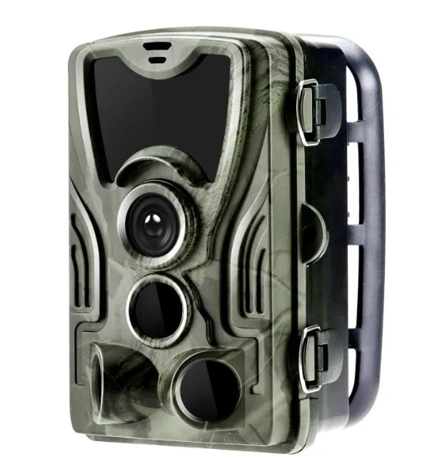 Green cellular trail camera with 16MP sensor, display screen, and infrared LEDs for night vision