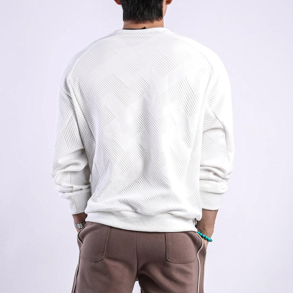 Men's army green twill Jacquard pullover sweater with round neck and long sleeves laid flat