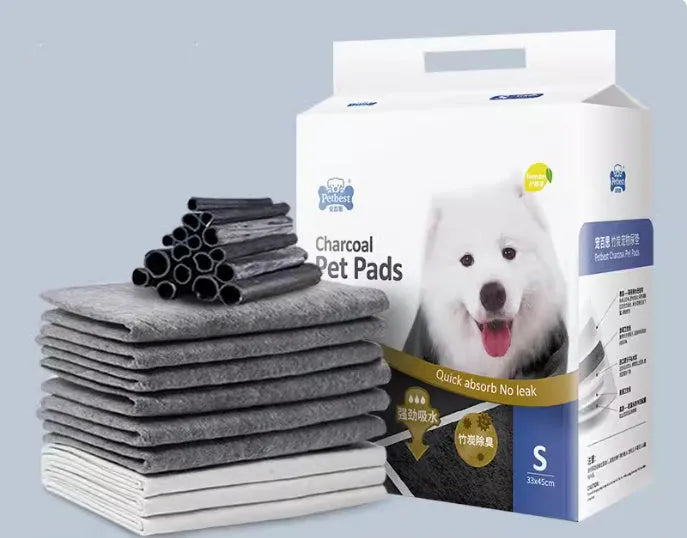 Pack of thickened dog urine pads showing size options and bamboo charcoal or lemon scent variants