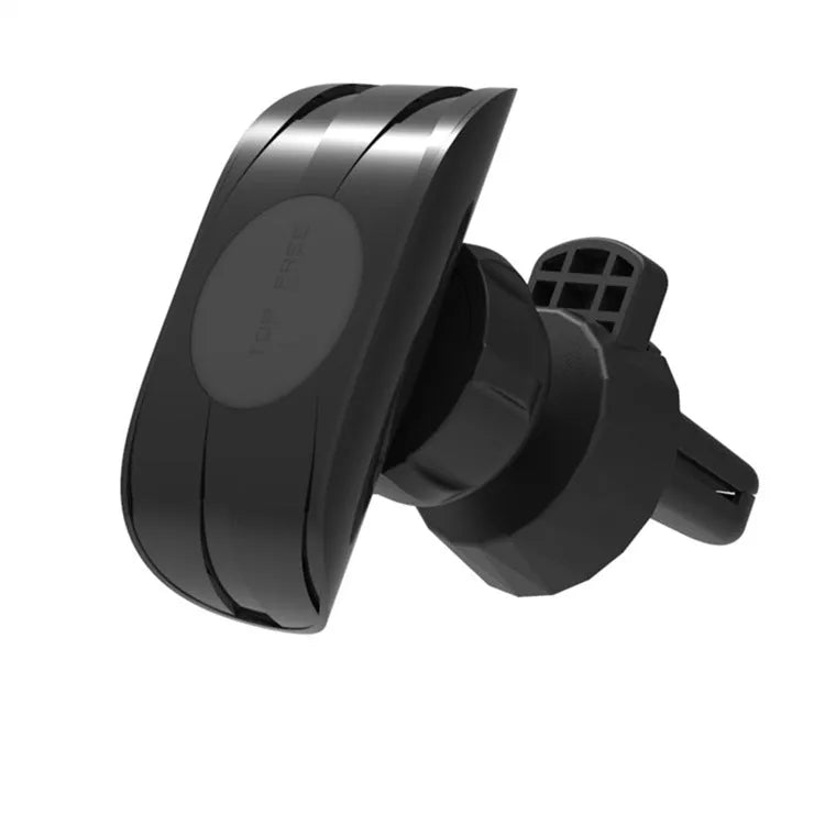 Matte black car phone holder clipped to air vent with adjustable side arms for smartphones