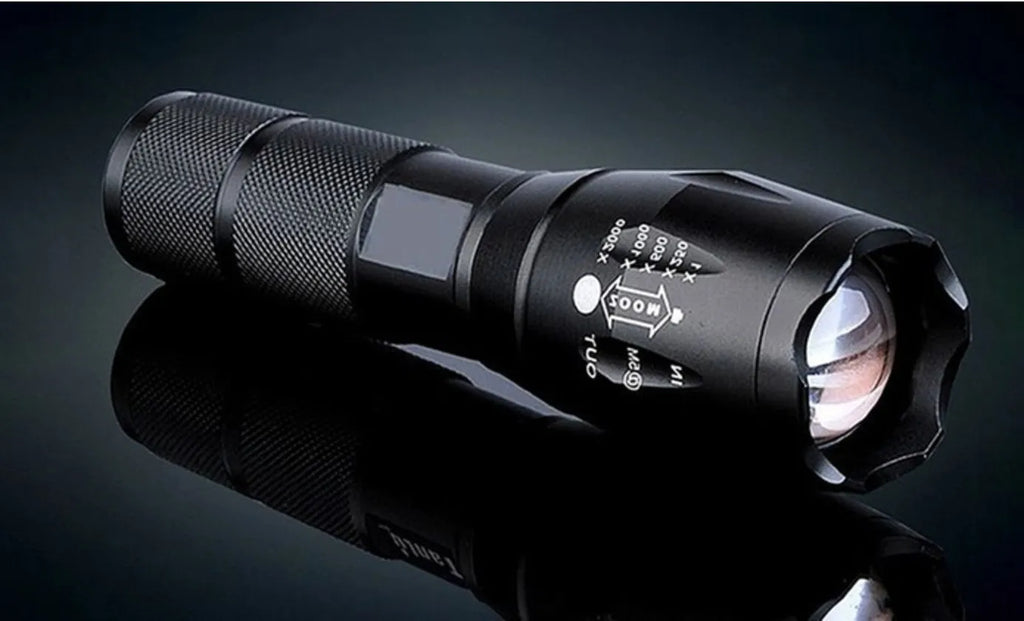 Black aluminium zoomable LED flashlight showing adjustable focus head and textured anti-skid grip.